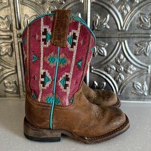 Kids Western Boots with Pink and Brown Design